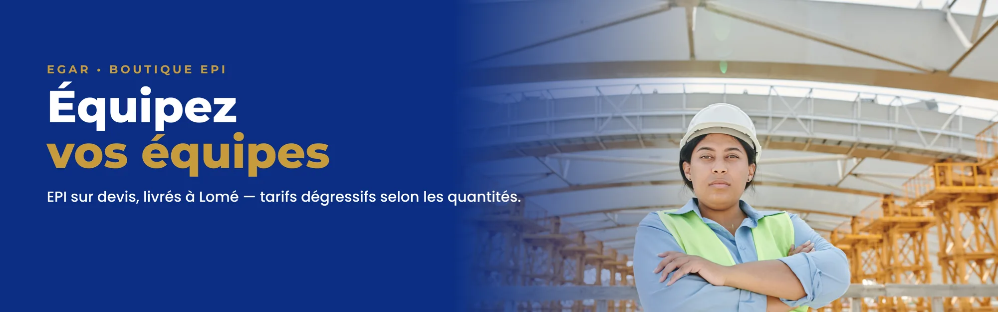 Bannière Boutique EPI : une ingénieure en casque et gilet haute visibilité sur un chantier — Équipez vos équipes