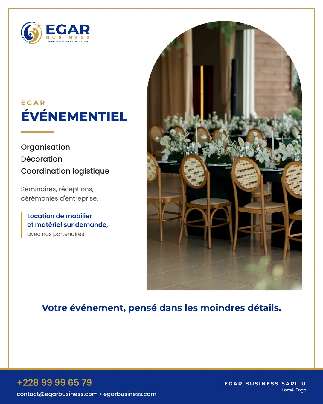 Visuel EGAR ÉVÉNEMENTIEL : salle de réception dressée avec chaises dorées et décoration florale
