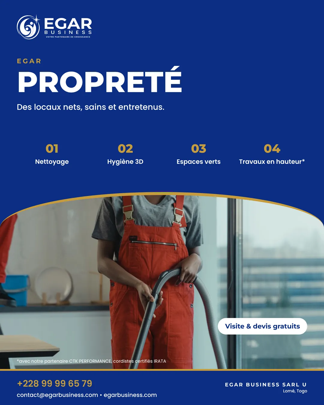 Visuel EGAR PROPRETÉ : agente de nettoyage en combinaison orange, quatre services : nettoyage, hygiène 3D, espaces verts, travaux en hauteur
