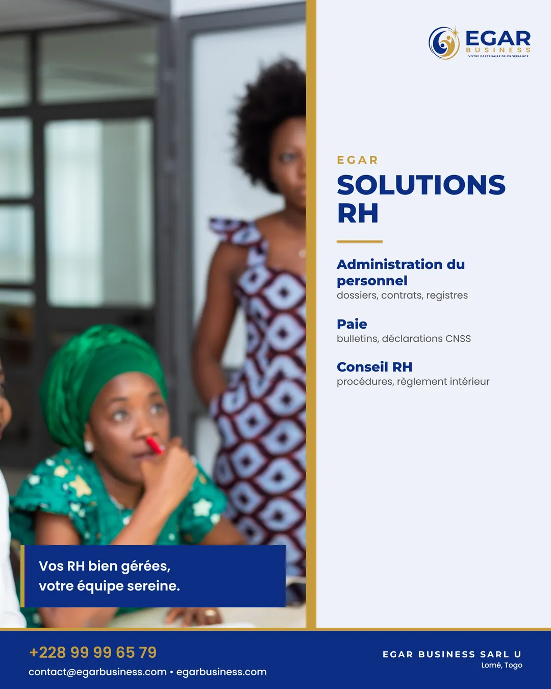 Visuel EGAR SOLUTIONS RH : deux femmes au travail, services d'administration du personnel, de paie et de conseil RH